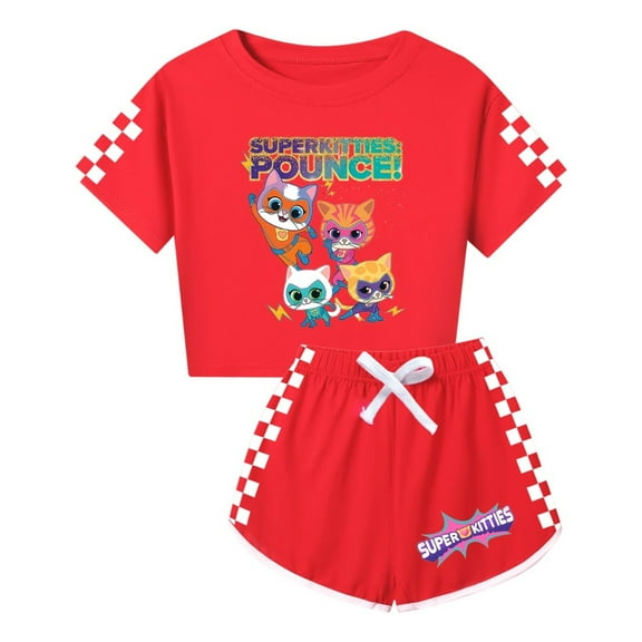 Girls SuperKitties Crop Top Set – Kids Lightweight 2-Piece Summer Outfit with Shorts