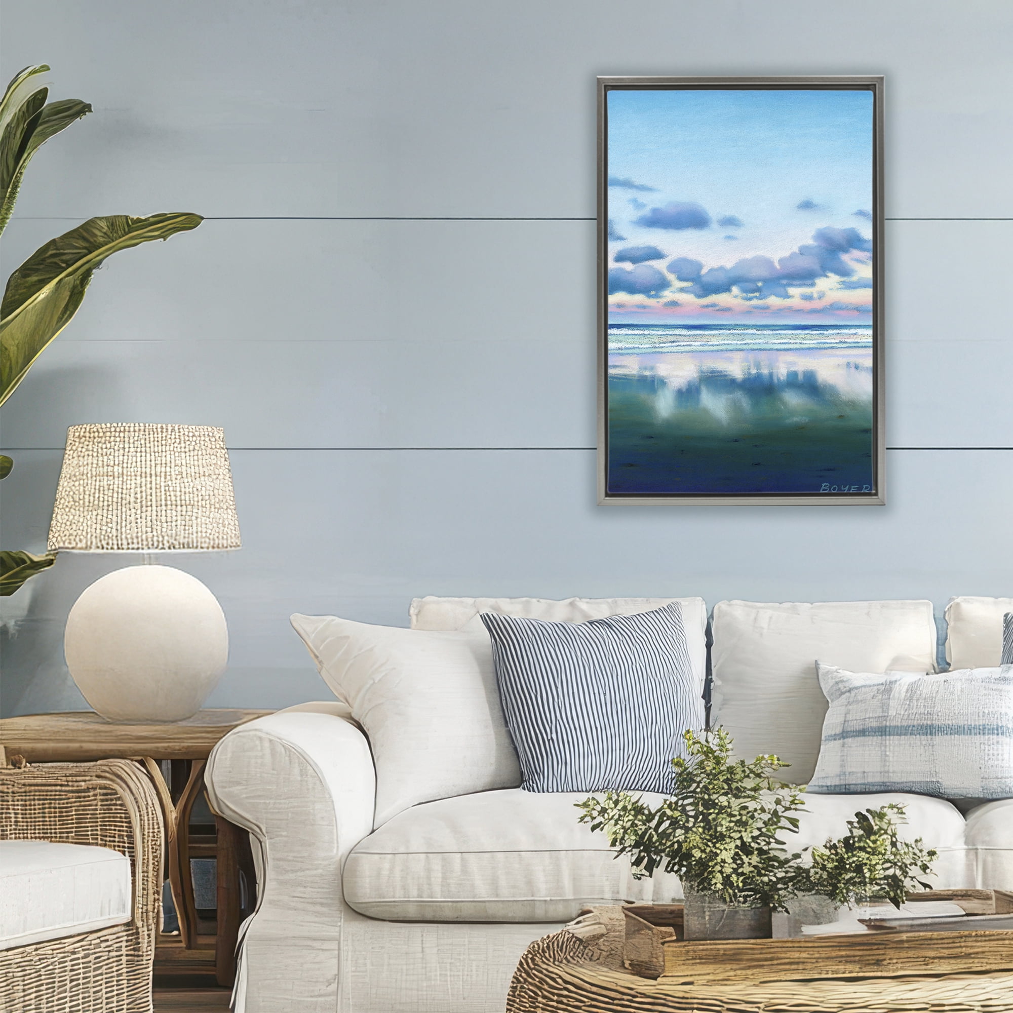 Stupell Industries Pretty Azure Cloud Reflection Gray Framed Floater Canvas Wall Art, design by Susy Boyer