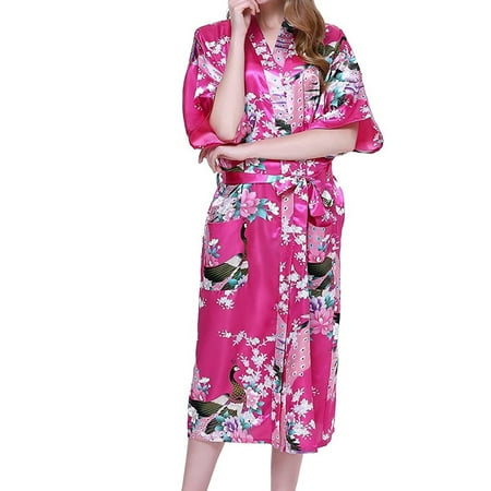 

QENGING Womens Sleepwear Clearance Open Front Belted Satin Night Robe Floral Print Long Nightgowns