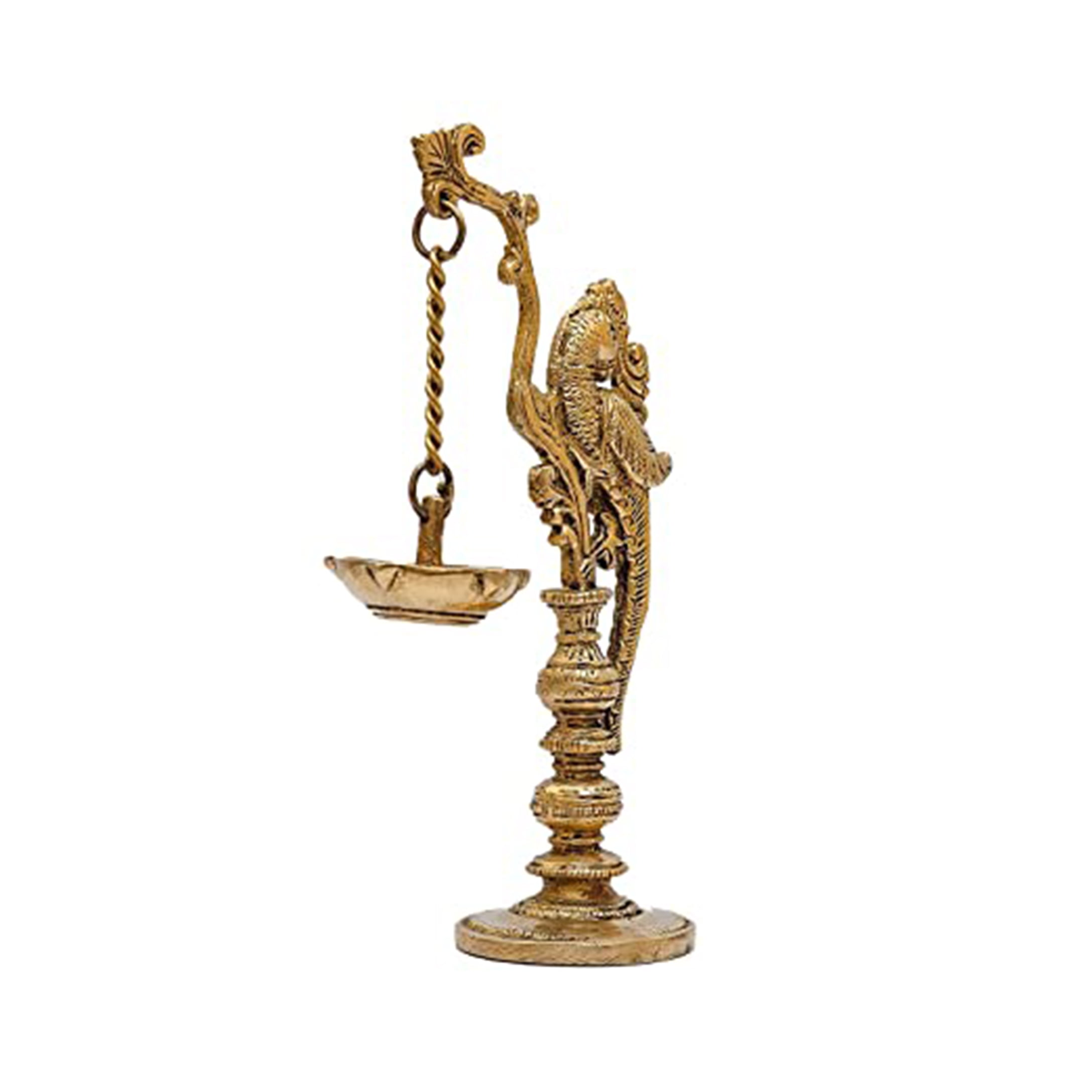 Brass World Brass Oil Lamp Diya with Hanging Parrot Stand for Festival Lighting Home Decor Temple Glossy Antique 8 Inch