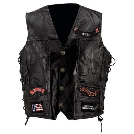 Biker Vest Lace-Up Buffalo Leather Motorcycle USA Flag Eagle w/ 14 Patches (Best Motorcycle Airbag Vest)