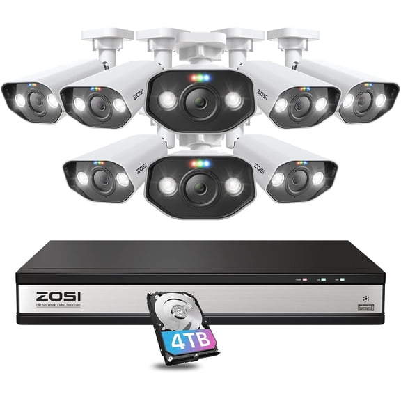 ZOSI 16CH 4K PoE Security Camera System with 4TB HDD, 8X 5MP IP Cameras