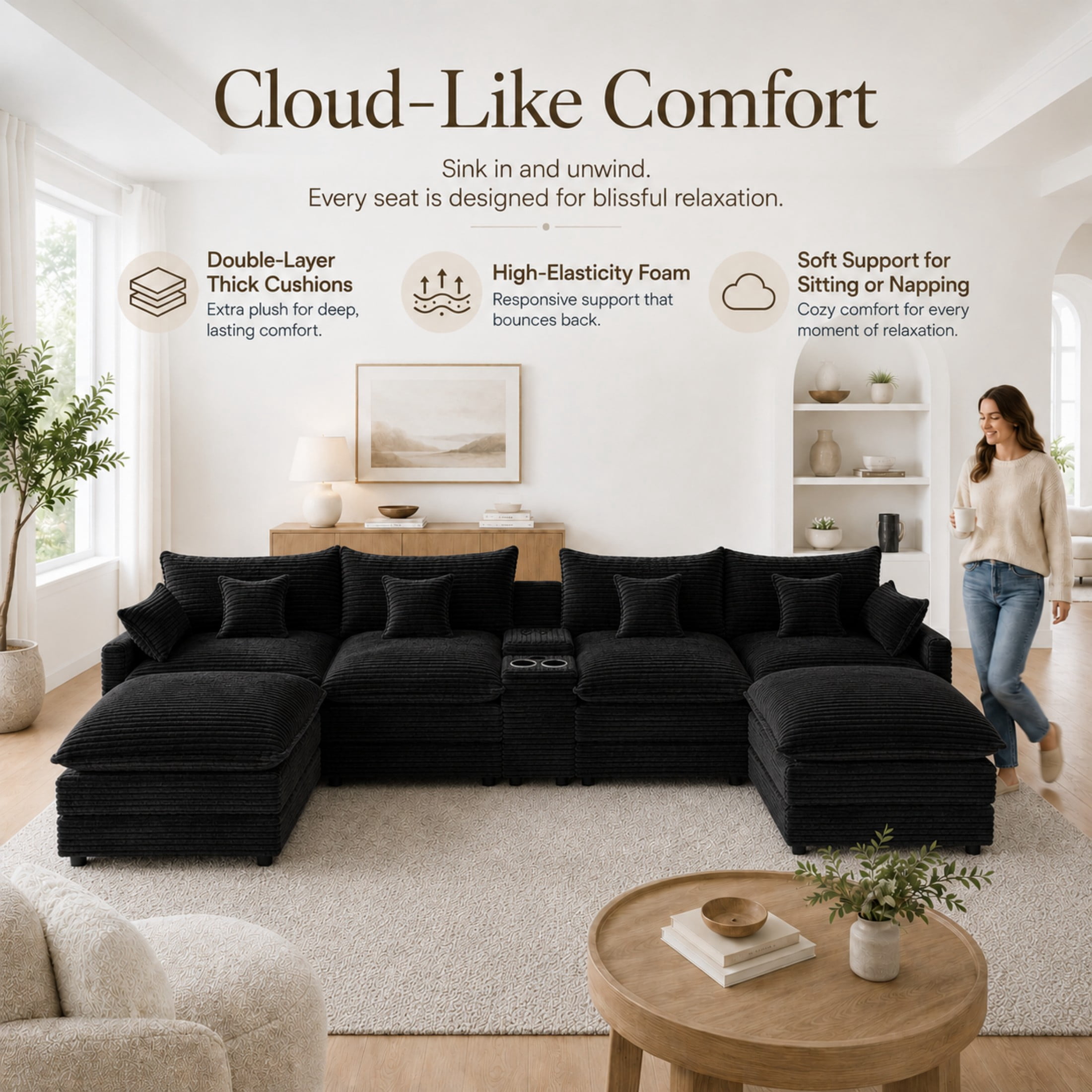 Aenkyo 141-Inch U-Shaped Corduroy Cloud Sectional Sofa with Console, Black