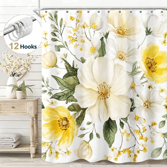 Watercolor Flower Fabric Farmhouse Yellow White Floral Shower Curtain, Elegant Stunning Floral Shower Curtain Set for Bathroom, Waterproof Cloth Fabric Shower Curtain with Hooks, 36*72in