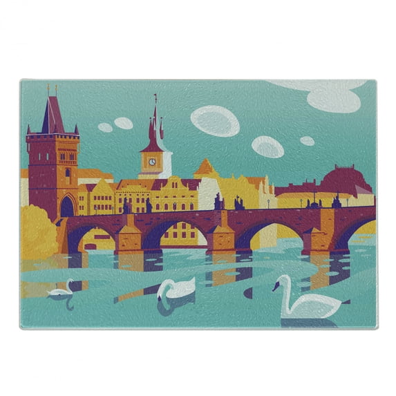 Prague Cutting Board, Colorful Arrangement with Charles Bridge Swans in River Cartoonish Graphic Design, Decorative Tempered Glass Cutting and Serving Board, in 3 Sizes, by Ambesonne