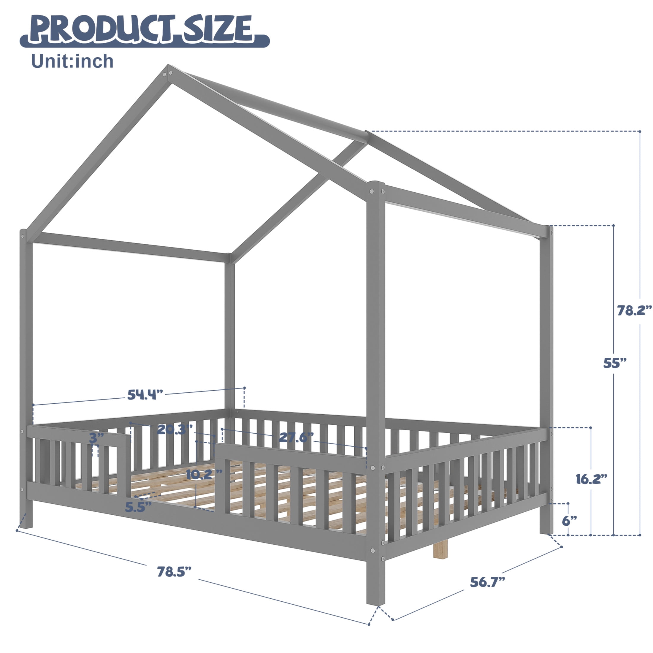 Noble House Full Floor Bed with Canopy and Guardrails, Wood House Bed Frame for Kids, Gray