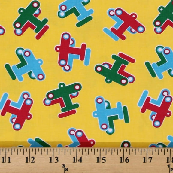 Aviator Aviation Airplanes Airplane on Yellow Light-weight Cotton Twill Fabric by the Yard (9730T-11M)