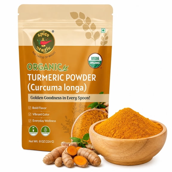 Spice Magic Organic Turmeric Powder, 8 oz (226 g) – Haldi / Cúrcuma, Finely Ground for Cooking, Golden Milk, Baking