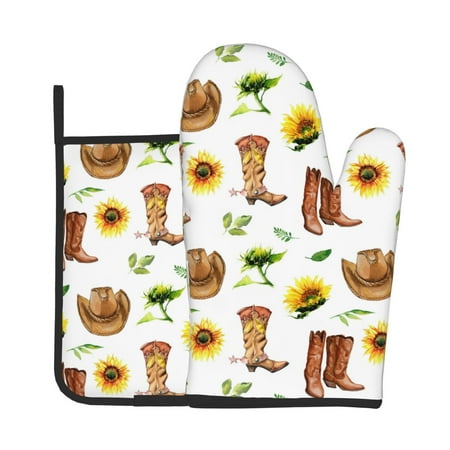 

Zeuib Rustic Western Charm Print Oven Mitt & Pot Holder Set 2-Pack Kitchen Gloves and Hot Pads for Cooking BBQ Grilling Baking