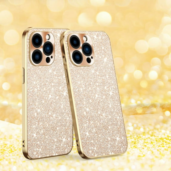Electroplated Sparkle Case for iPhone 14 Pro Max, Shining Glitter Metal Frame Shockproof Slim Cover with CD Pattern Lens Protection Circle for iPhone 14 Pro Max Women Girls,Gold