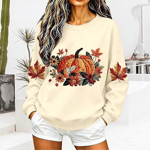 Women Fall Pumpkin Maple Leaf Graphic Sweatshirt, Autumn Floral Long Sleeve Crew Neck Casual Pullover Top(Beige,XL)