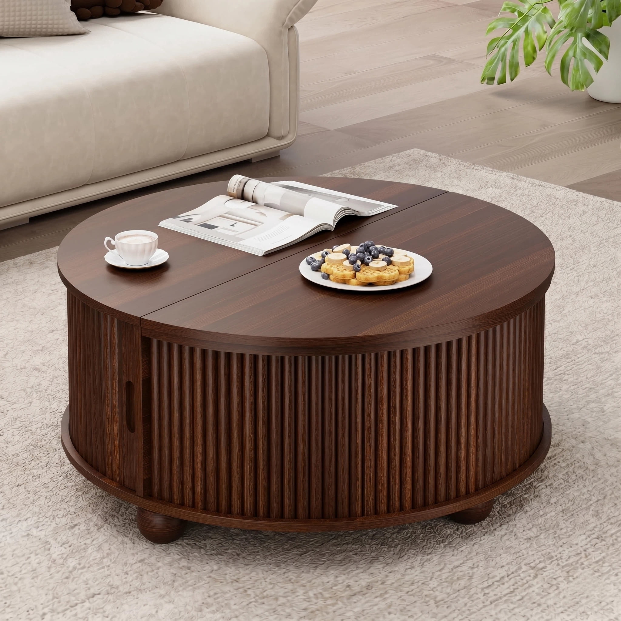 AISWORD 31.5" Fluted Round Coffee Table with Storage, Mid Century Modern Lift Top Drum Accent Table for Living Room Small Space, Walnut