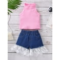 thumbnail image 2 of TSEXIEFOOFU Toddler Girls Summer 2Pcs Outfits, Sleeveless Ribbed Stand-Up Collar Tops + Lace Patchwork Denim Shorts, 2 of 9