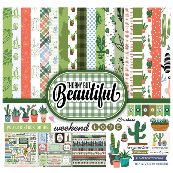 Inkdotpot Cactus House Plant Theme Collection Double,Sided Scrapbook Paper Kit Cardstock 12"x12" Card Making Paper Pack Of With Sticker Sheet - 16 Pages - Green