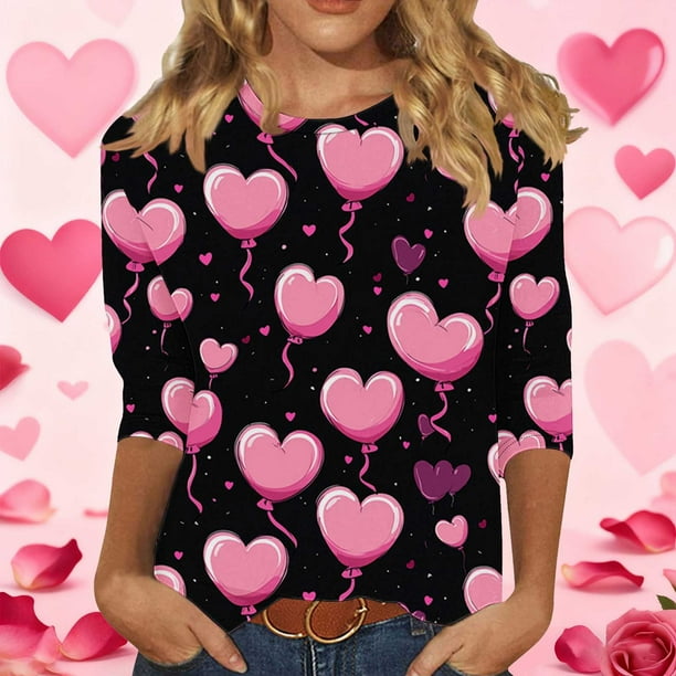 RKSTN Valentines 3/4 Sleeve Tops for Women Oversized Crewneck Valentine's Day Graphic Printed Short Sleeve T Shirt Womens Casual Round Neck Loose Comfy Loves Heart Print Three Quarter Sleeve Shirts