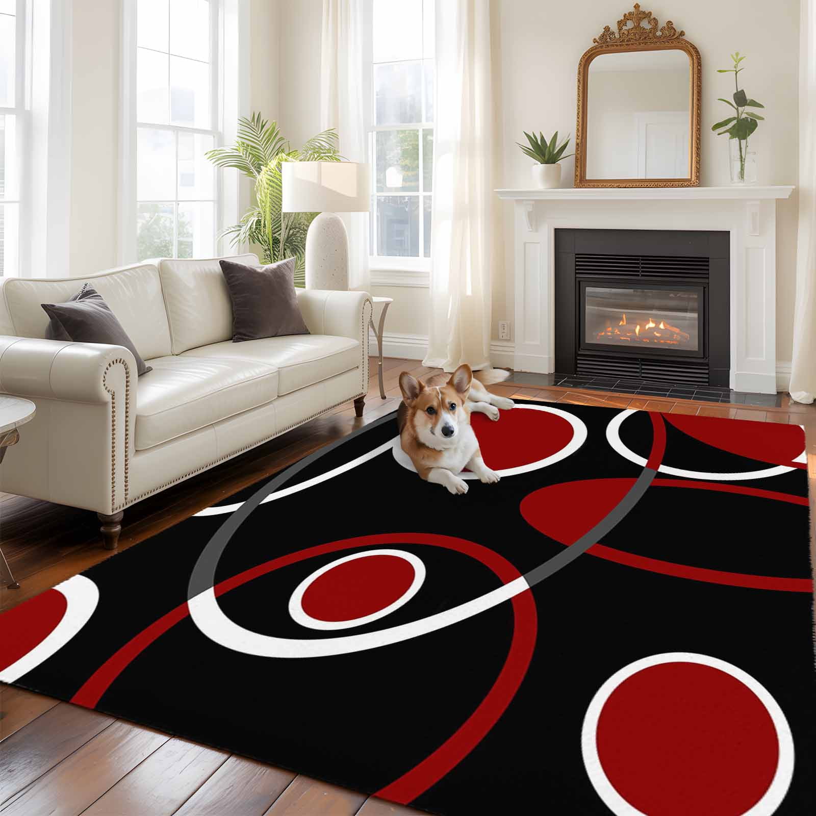 8x10 Area Rugs for Living Room, Black Red Non Slip Area Rugs for Kitchen Bedroom Entryway, White Circle Geometric Abstract Texture Washable Carpet Runner Rug Floor Mats for Bedroom Home Decor