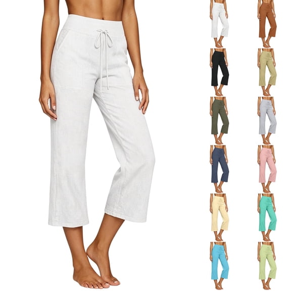Cotton Linen Capri Pants for Women - Wide Leg Loose Casual Trousers with Pockets Summer High Waisted Drawstring Pants Mint Green M
