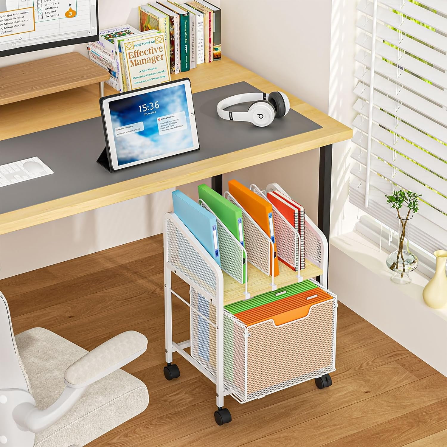 Rolling File Cabinet with Adjustable Dividers, Mobile Filing Cabinet with Storage Drawer on Lockable Wheels, Hanging File Organizer Beside Under Desk for Office, Home