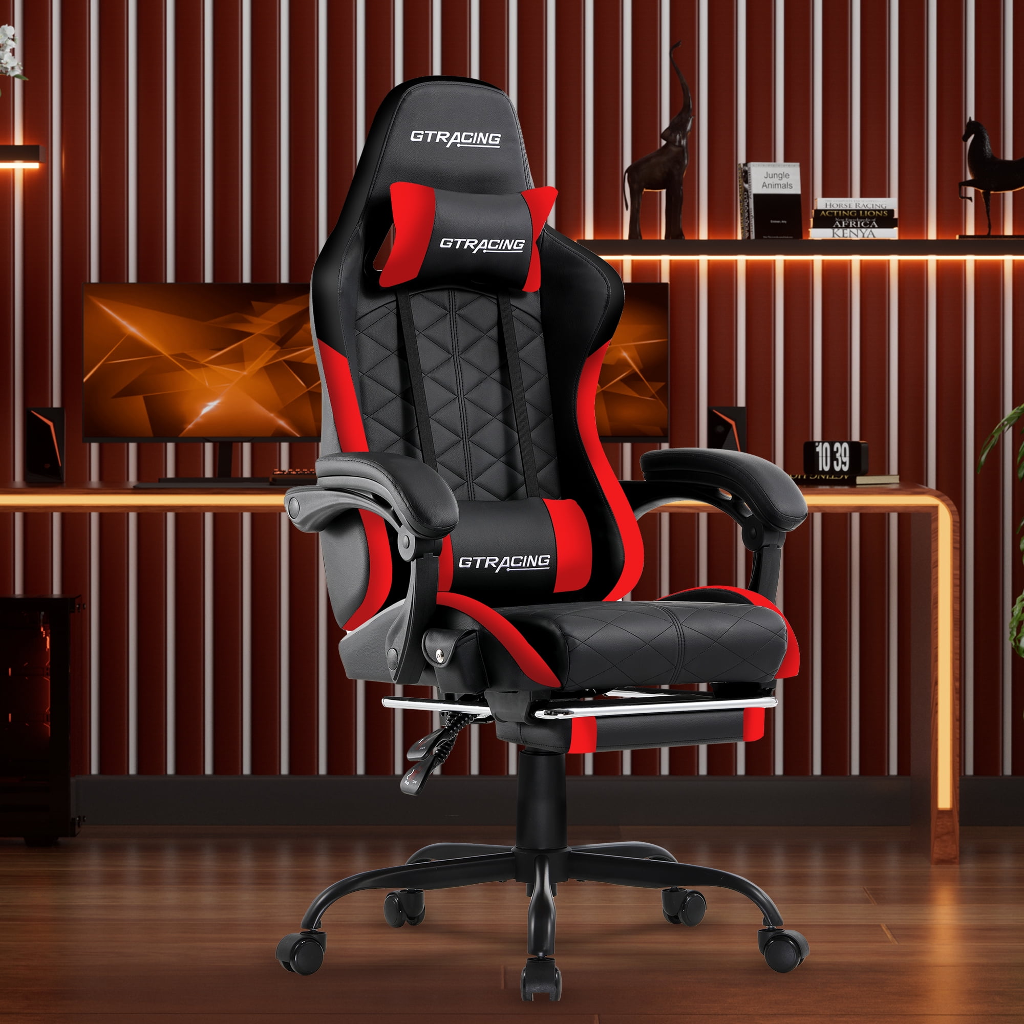 GTRACING GTW-100 Reclining Gaming Chair with Bluetooth, Adjustable Pillows and Footrest, Red