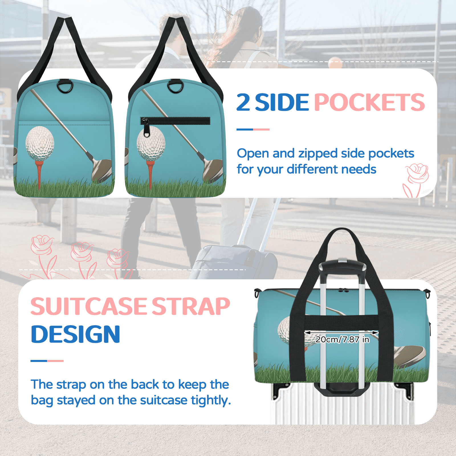 Herdesigns Golf Ball Sport Travel Duffle Bag Sports Yoga Weekender Overnight Carry on Workout Bags Lightweight Waterproof Gym Tote Bag for Women