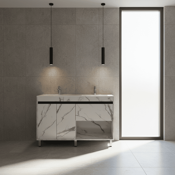 Gabinete para Baño De Piso con Doble Lavamanos y Monomando, Diseño Moderno, Máxima Funcionalidad y Estilo.