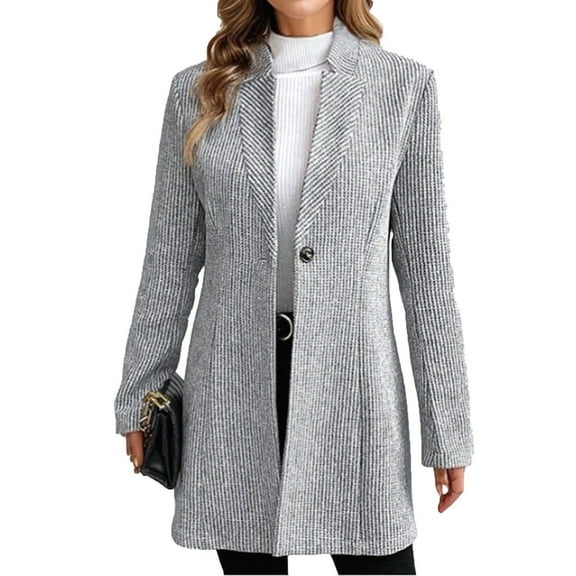 Uootdi Women's Grey Mid-Long Herringbone Jackets Stand Collar Single Breasted Tweed Pea Coats Fall Winter Jacket Outwears