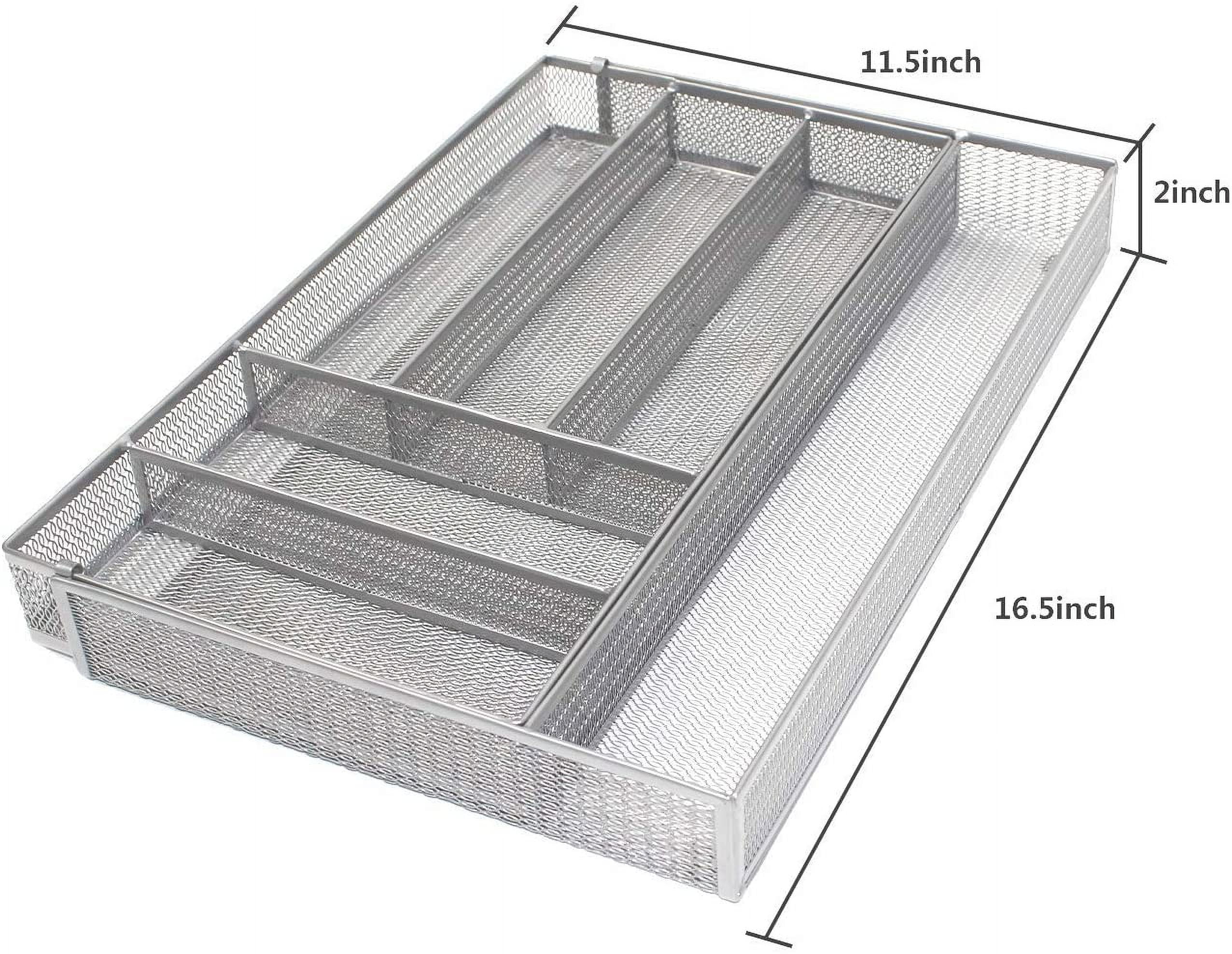 Utensil Drawer Organizer - Expandable Cutlery Tray, Silverware/Flatware Storage Divider for Kitchen, Mesh Designing with Non-slip Rubber Feet (Silver)