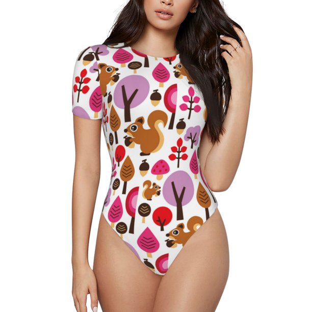 Balery Squirrel In The Forest Body de cuello redondo de manga corta para mujer Tops de manga corta Tops básicos-Medium