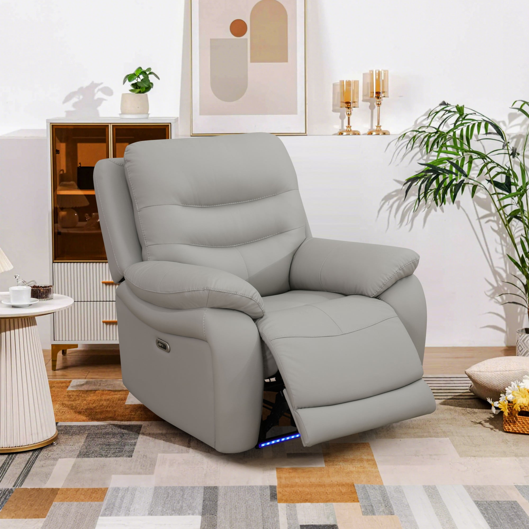 Gewnee Power Recliner Chair, Adjustable Reclining Lounge Chair with USB Ports, LED Lights, Air Leather Upholstered Single Sofa Recliner for Living Room, Office, Light Gray