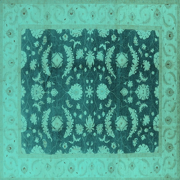 Ahgly Company Machine Washable Indoor Square Oriental Turquoise Blue Traditional Area Rugs, 3' Square