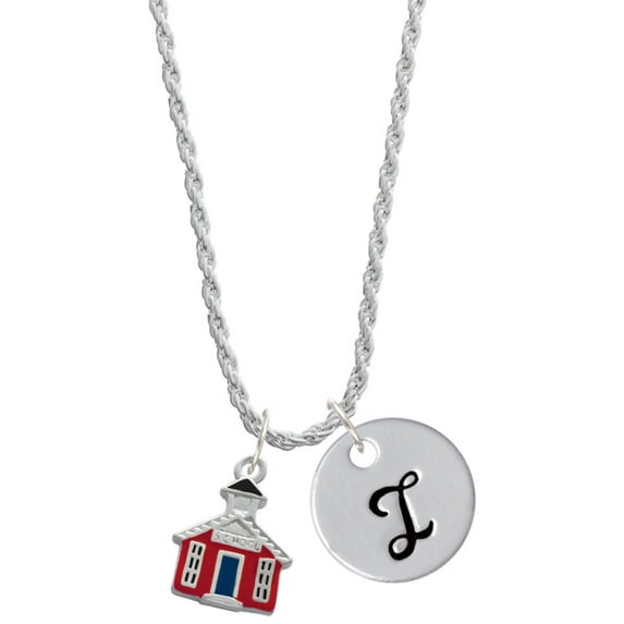 Delight Jewelry Silvertone Red School House Silvertone Script Initial Disc - I - Charm Necklace, 20"+3"