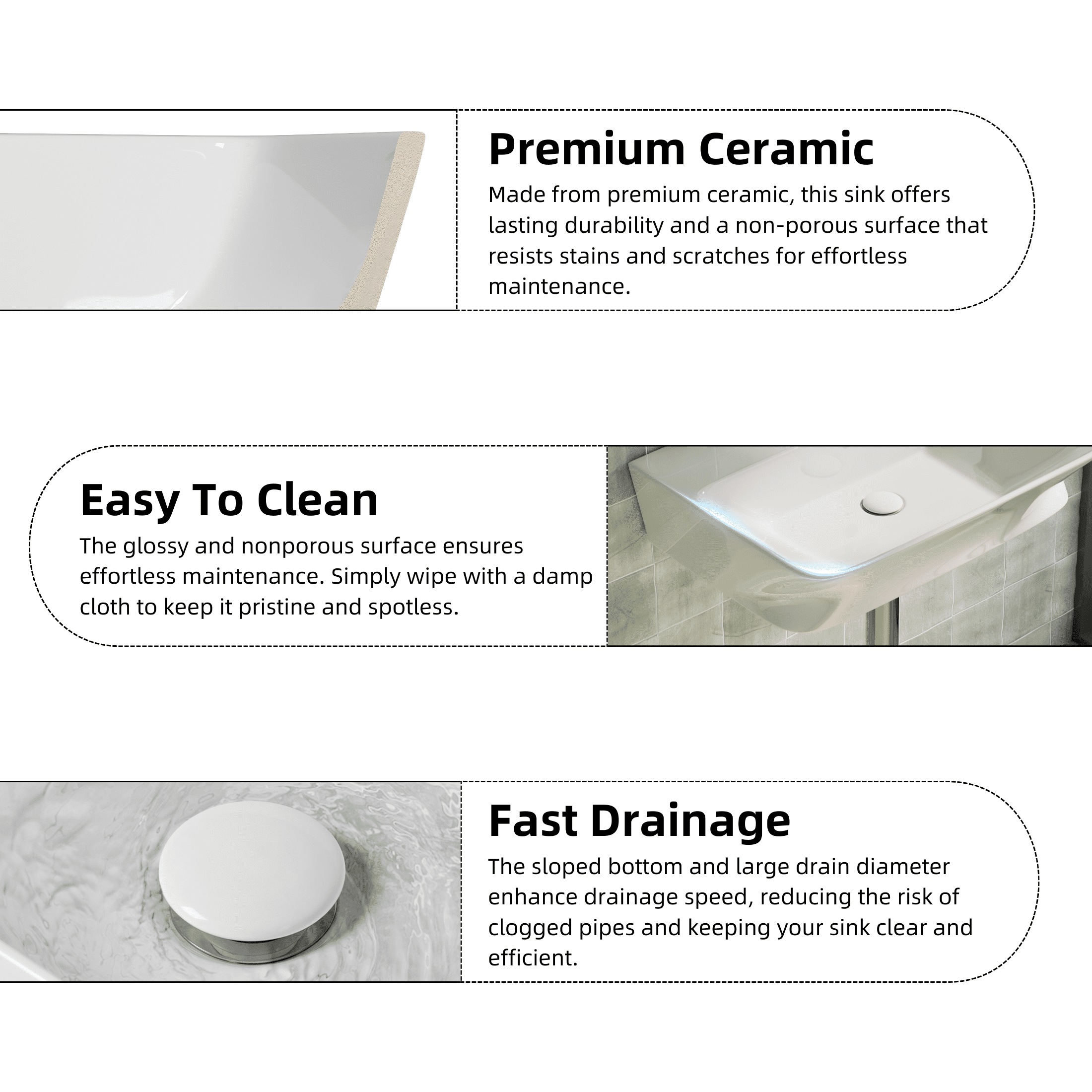 Los Flexi 24" x 17" White Ceramic Wall-Mount Bathroom Sink with Rear Overflow, 3 Pre-Drilled Holes, Widespread Faucet Compatible for Small Spaces