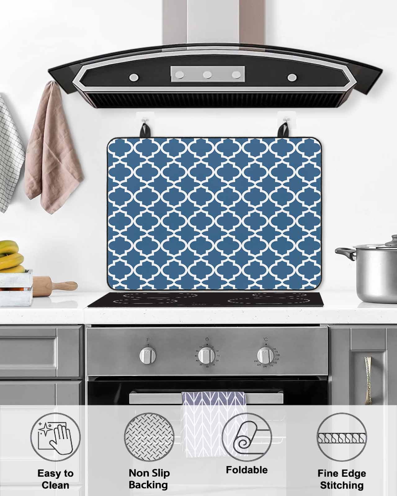 nqOlkjepod Large Induction Cooktop Protector Mat 24"x21", Blue Moroccon Stove Top Covers for Electric Stove, Middle Century Minimalist Rustic Geometric Stove Burner Cover Mats, Glass Top Stove Cover
