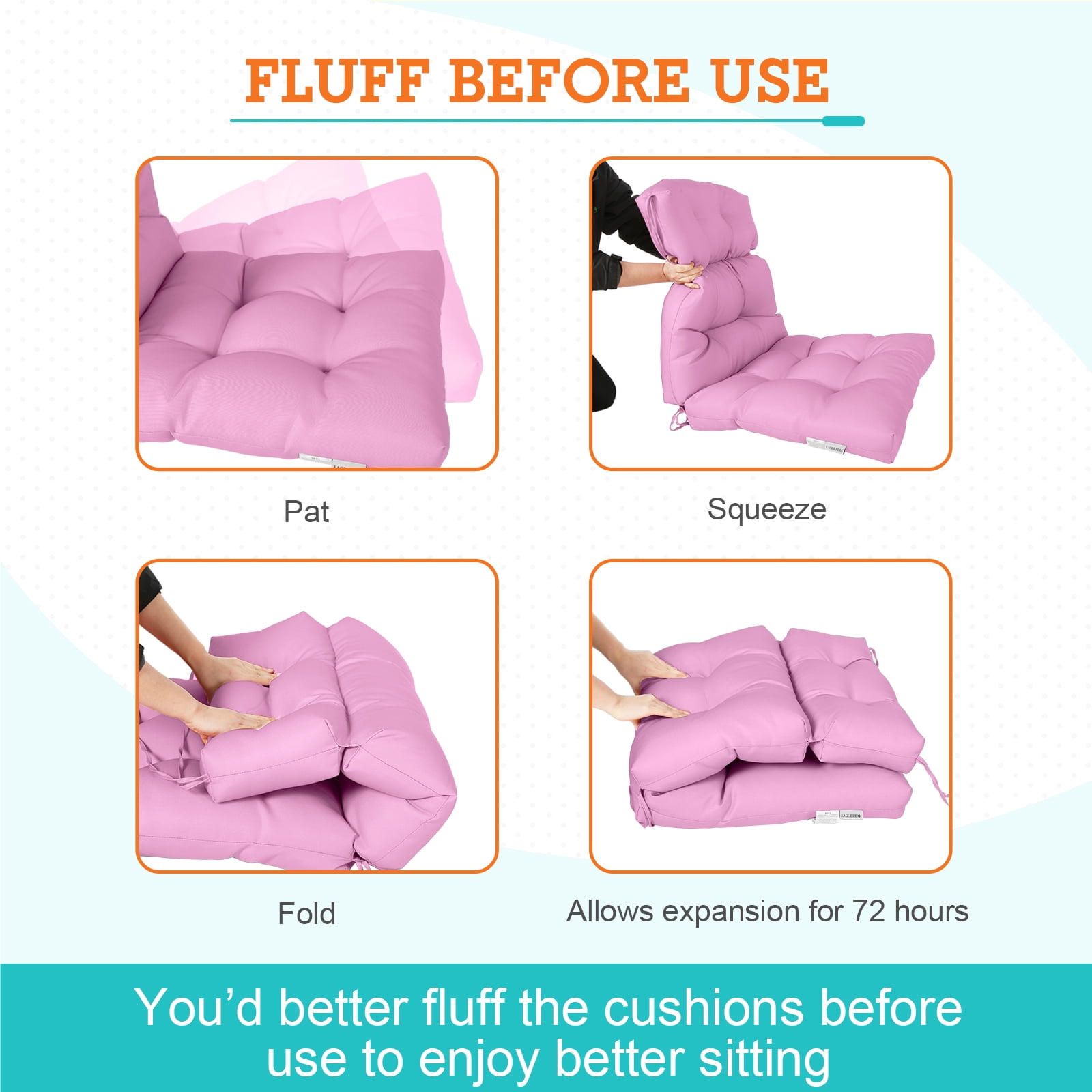 EAGLE PEAK Tufted Outdoor/Indoor High Back Patio Chair Cushion, Set of 2, 46'' x 22'', Pink