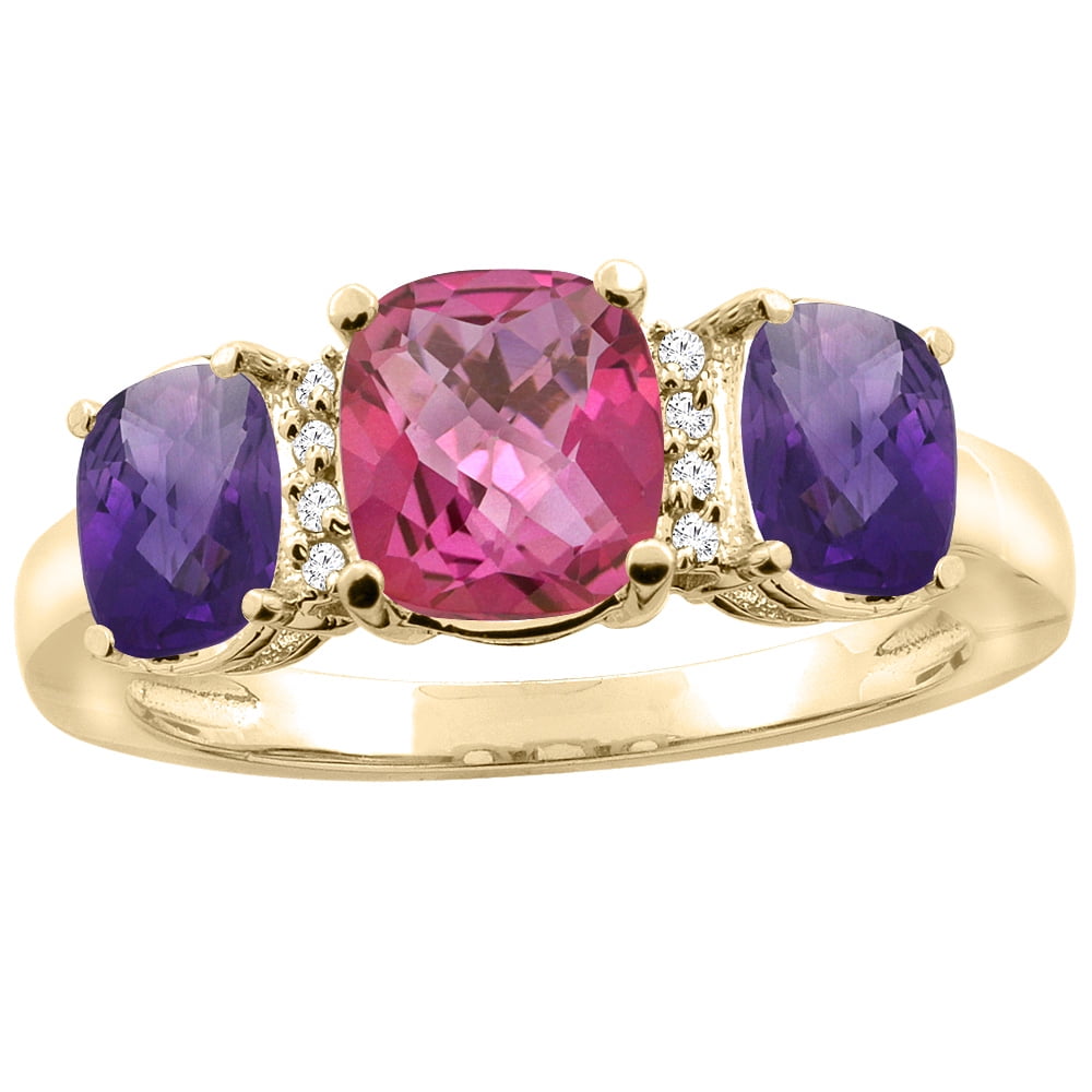 14K Yellow Gold Natural Pink Topaz & Amethyst 3-stone Ring Cushion 8x6mm Diamond Accent, sizes 5 10 by WorldJewels