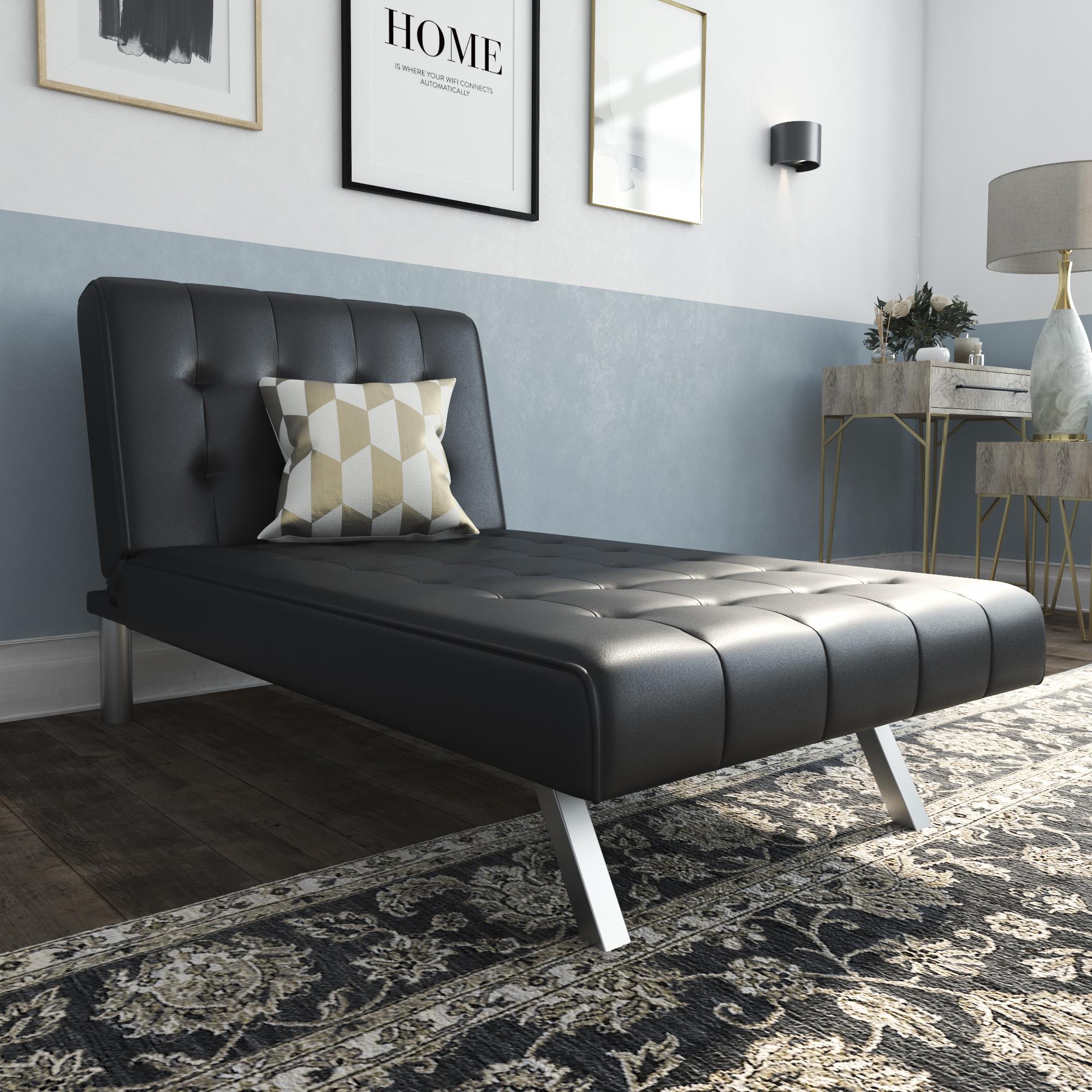 River Street Designs Emily Chaise Lounger Chair With Adjustable Reclining Back, Black Faux Leather