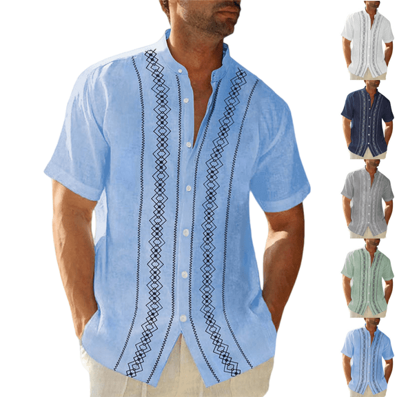LRGSHF Men's Short Sleeve Button Down Shirts Mandarin Collar Embroidered Tops Summer Hippie Comfortable Camp Blouse Breathable Lightweight Vacation Shirt