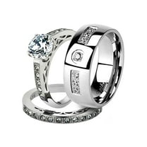 His and Her Stainless Steel 1.39 Ct Cz Bridal Ring Set and Men Zirconia Wedding Band Women's Size 06 Men's Size 10