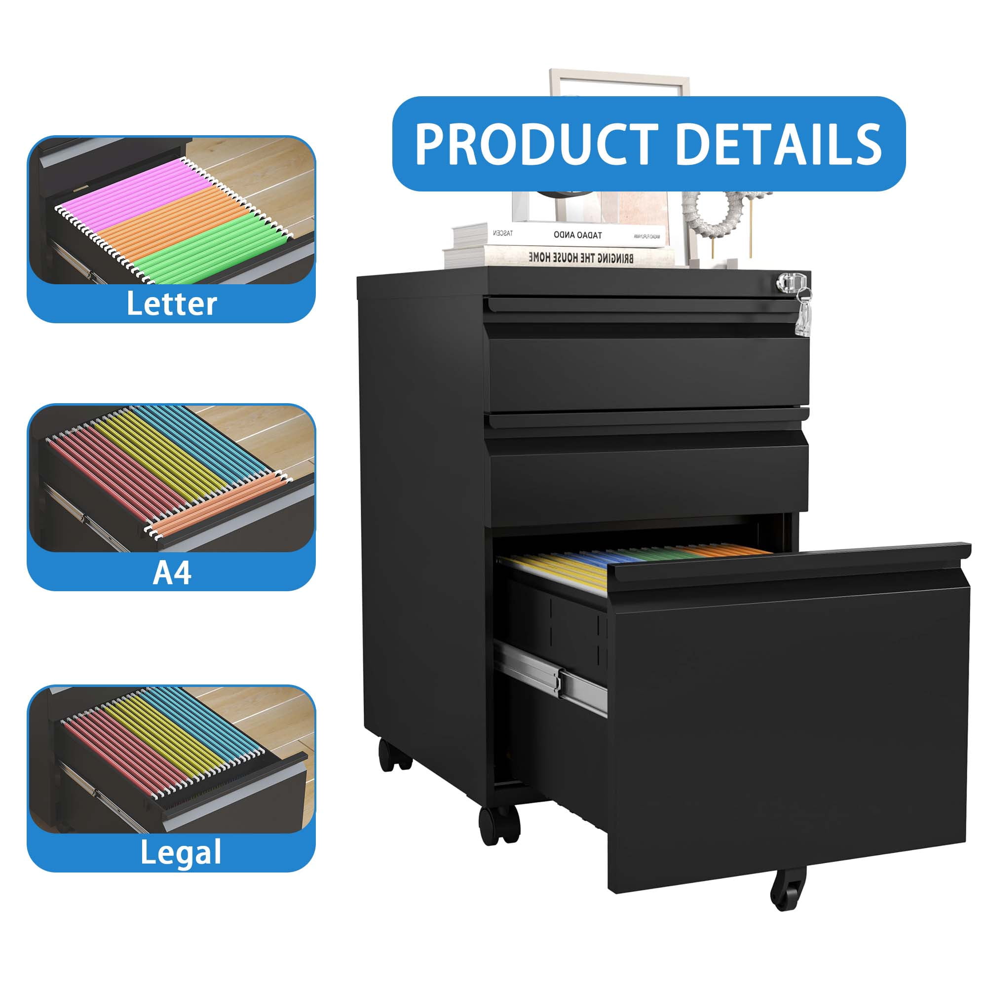 3 Drawer Mobile File Cabinet with Lock, Metal Filing Cabinets for Home Office Organizer Letters/Legal/A4, Fully Assembled Except Wheels, Black