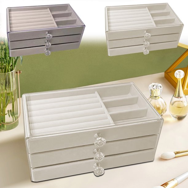 Descuento especial, caja de almacenamiento de joyería fina Akmoler, cajón de franela de 3 capas, organizador multiusos para pendientes, anillos y collares, almacenamiento elegante, 2 colores |