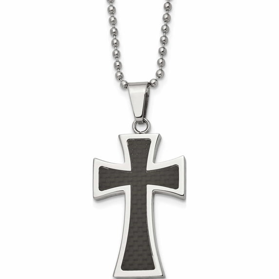 Stainless Steel Polished With Carbon Fiber Inlay Cross 22In Necklace Made In China -Jewelry By Sweet Pea