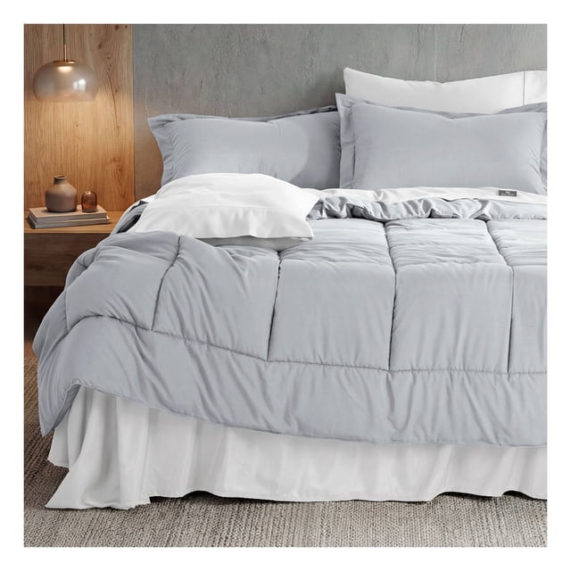 Set Edredón Queen Size + Funda De Almohada + Sábanas 7 Pzas Real Textil Gris - Blanco