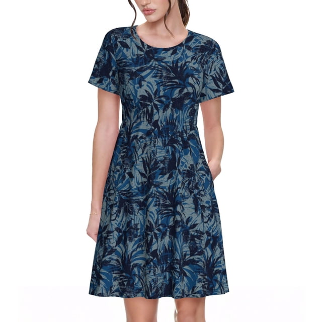 Bixox Robe d'Été à Manches Courtes pour Femmes Robe Ample Longueur Genou avec Poches-Style Hawaïen