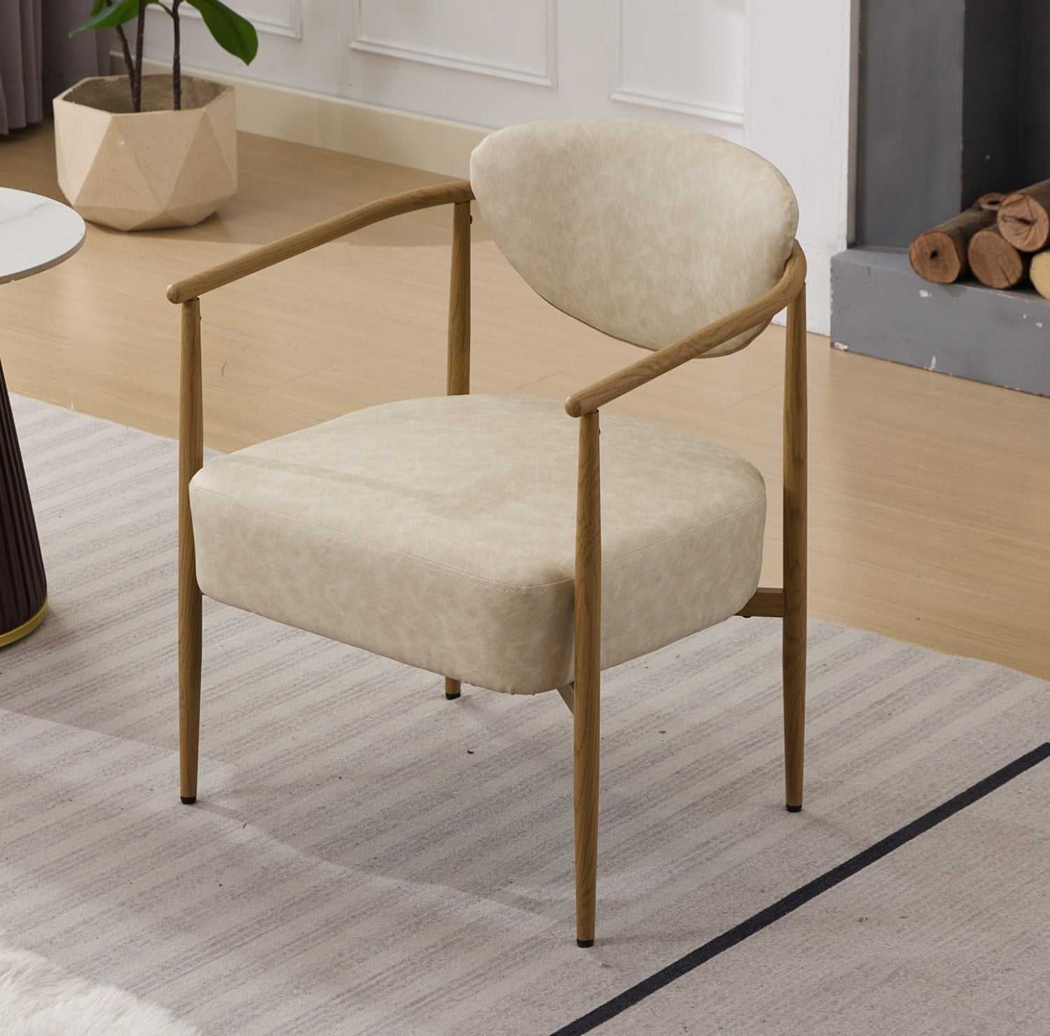 Beige PU Leather Dining Chair Living Room Chair with Metal Frame Wood Grain Water Transfer Finish, Upholstered Foam Seat Bedroom Dining Room Accent Chair