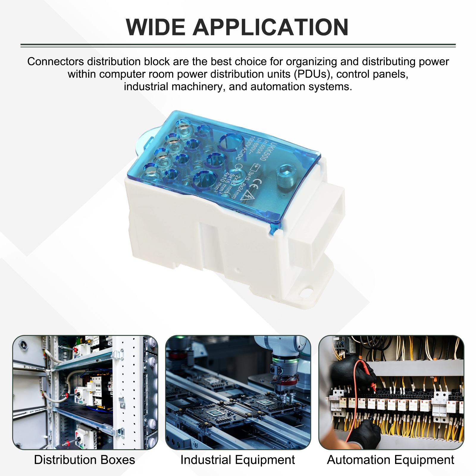 Uxcell 1 in 11 Out Rail Terminal Blocks, 690V 500A Connectors Power Distribution Block with Flame-Retardant Housing, Blue 1.91In Width