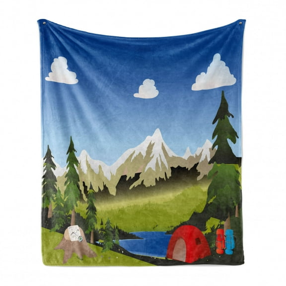 Mountains Soft Flannel Fleece Throw Blanket, Camping in the Valley with a Tent Backpacks Compass and Map with a Small Lake, Cozy Plush for Indoor and Outdoor Use, 60" x 80", Multicolor, by Ambesonne