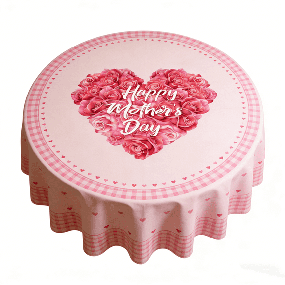 Verolix Mother’s Day Round Tablecloth 60 Inch, Pink Rose Heart Table Cover, Waterproof Polyester Fabric, Washable Wrinkle Resistant Table Cloth for Party Dining Indoor Outdoor