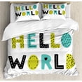 thumbnail image 1 of Hello World Duvet Cover Set Queen Size, Hello World Typography Polka Dots Boys, Decorative 3 Piece Bedding Set with 2 Pillow Shams, Yellow Green Dark Blue Grey Cadet Blue Baby Blue, by Ambesonne, 1 of 3