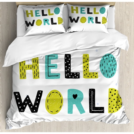 Hello World Duvet Cover Set Queen Size, Hello World Typography Polka Dots Boys, Decorative 3 Piece Bedding Set with 2 Pillow Shams, Yellow Green Dark Blue Grey Cadet Blue Baby Blue, by Ambesonne