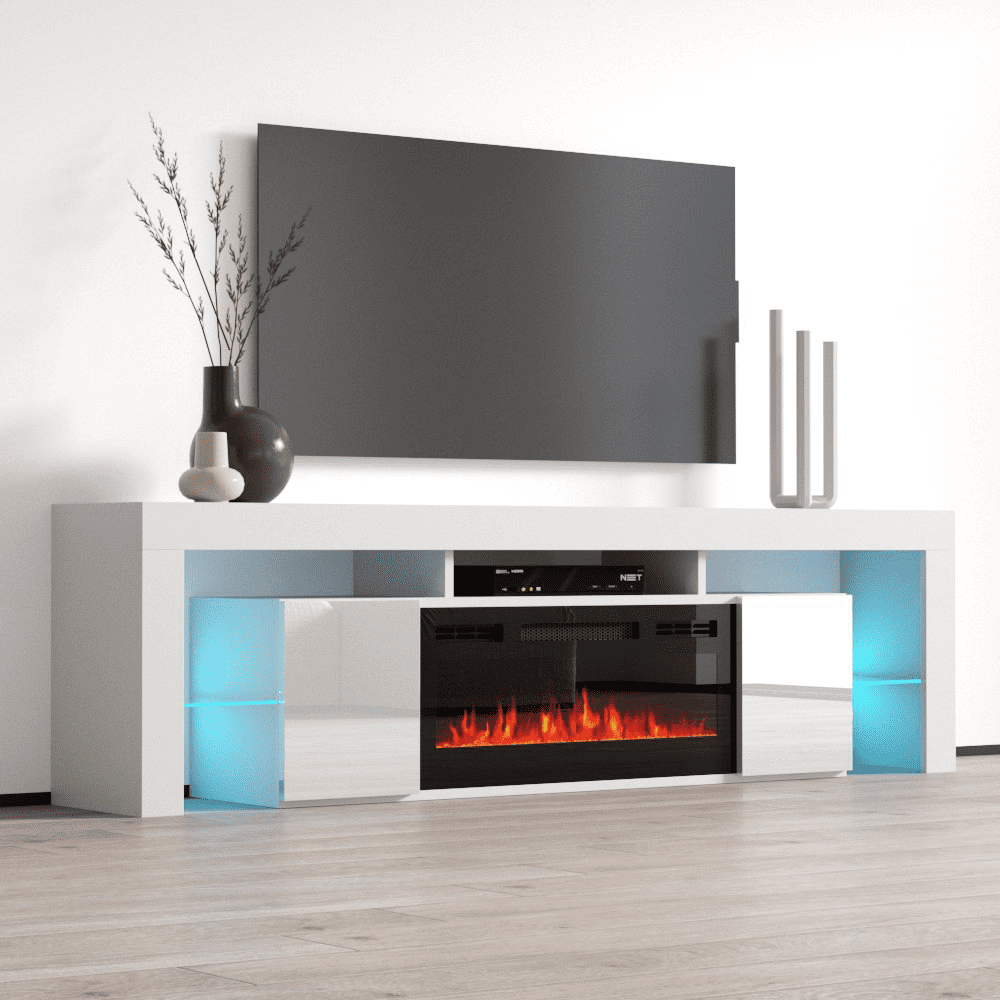Soleo BL-EF Fireplace TV Stand for TVs up to 90", Modern High Gloss 79" Entertainment Center, Electric Fireplace TV Media Console with Storage Cabinets
